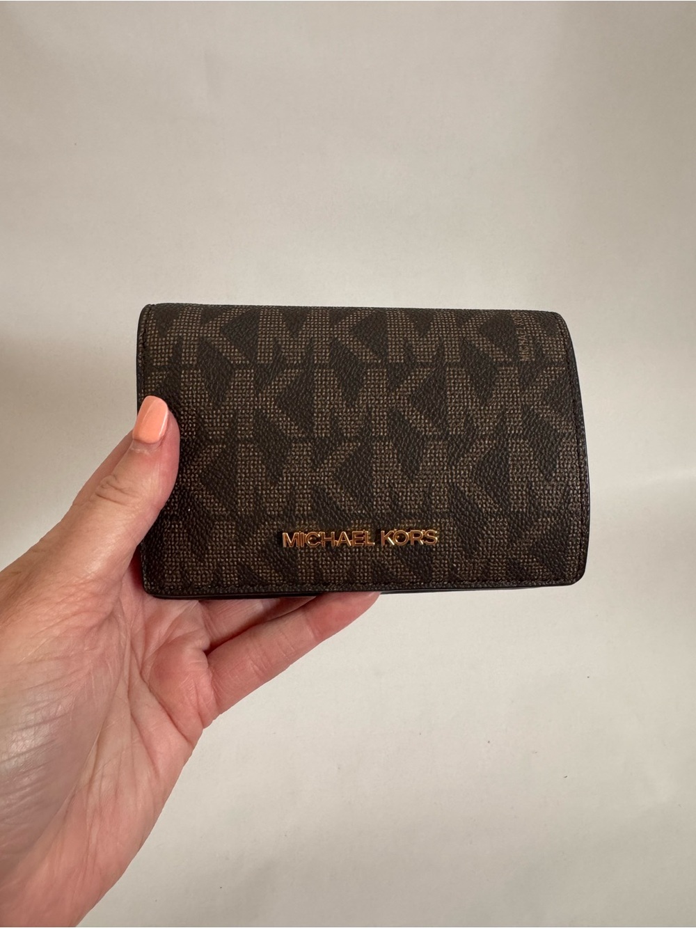 Michael Kors Dark Brown MK Logo Fold Wallet with Gold Hardware